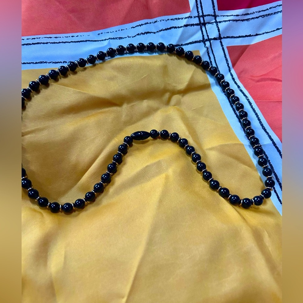 VTG 80s Black and Gold Plastic Bead Hidden clasp. By Avon.